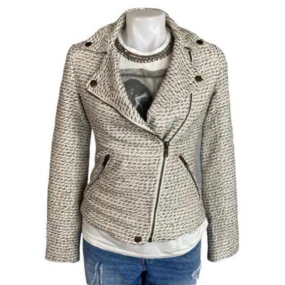 TL The Letter Moto Jacket White/Black/Gold Thread Zipper Wool Blend Size XS - Picture 4 of 12